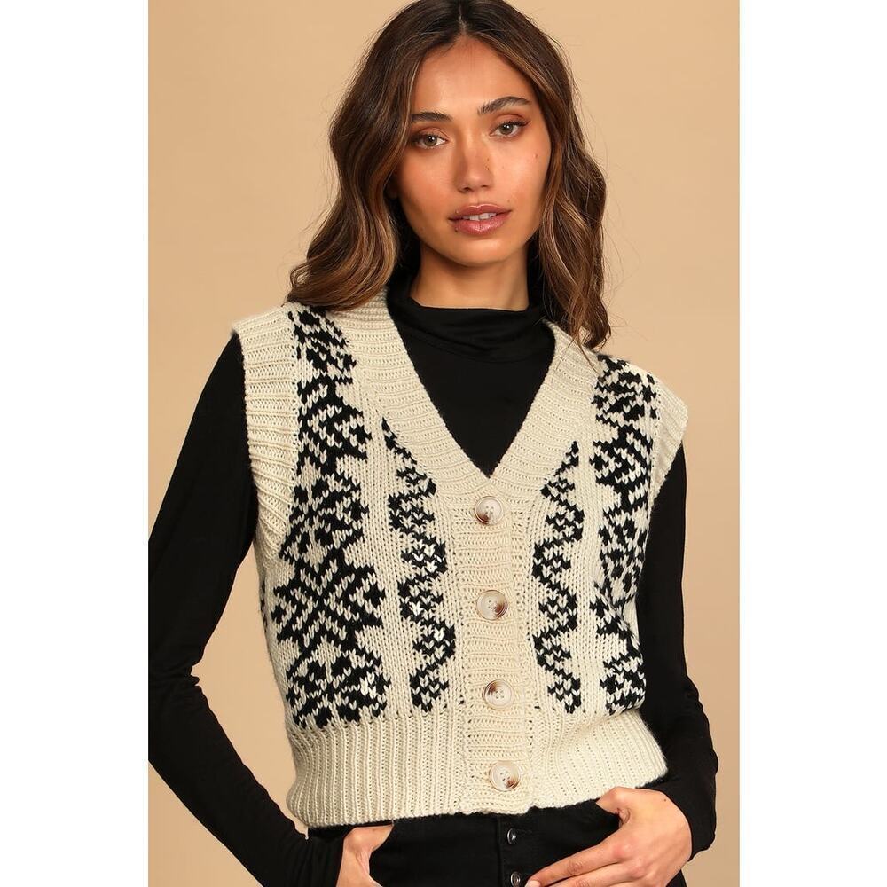 Lulu’s cream black mountain crest button up sweater knit vest size XS v neck